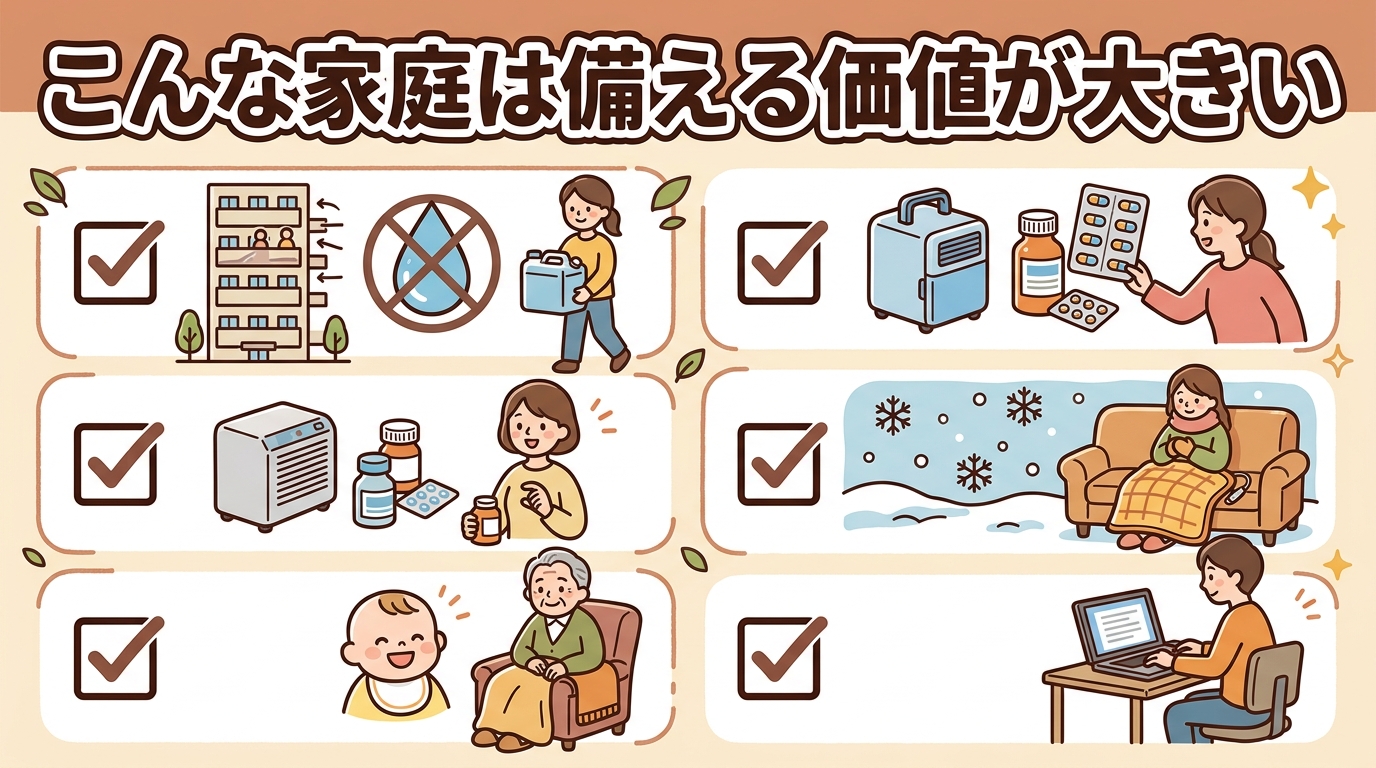 ポータブル電源を防災用に備える価値が高い人をアイコンで示したチェックリスト風のイラスト。マンション高層階の住人、要冷蔵の薬、乳幼児・高齢者のいる家庭、寒冷地、在宅ワークの5パターン