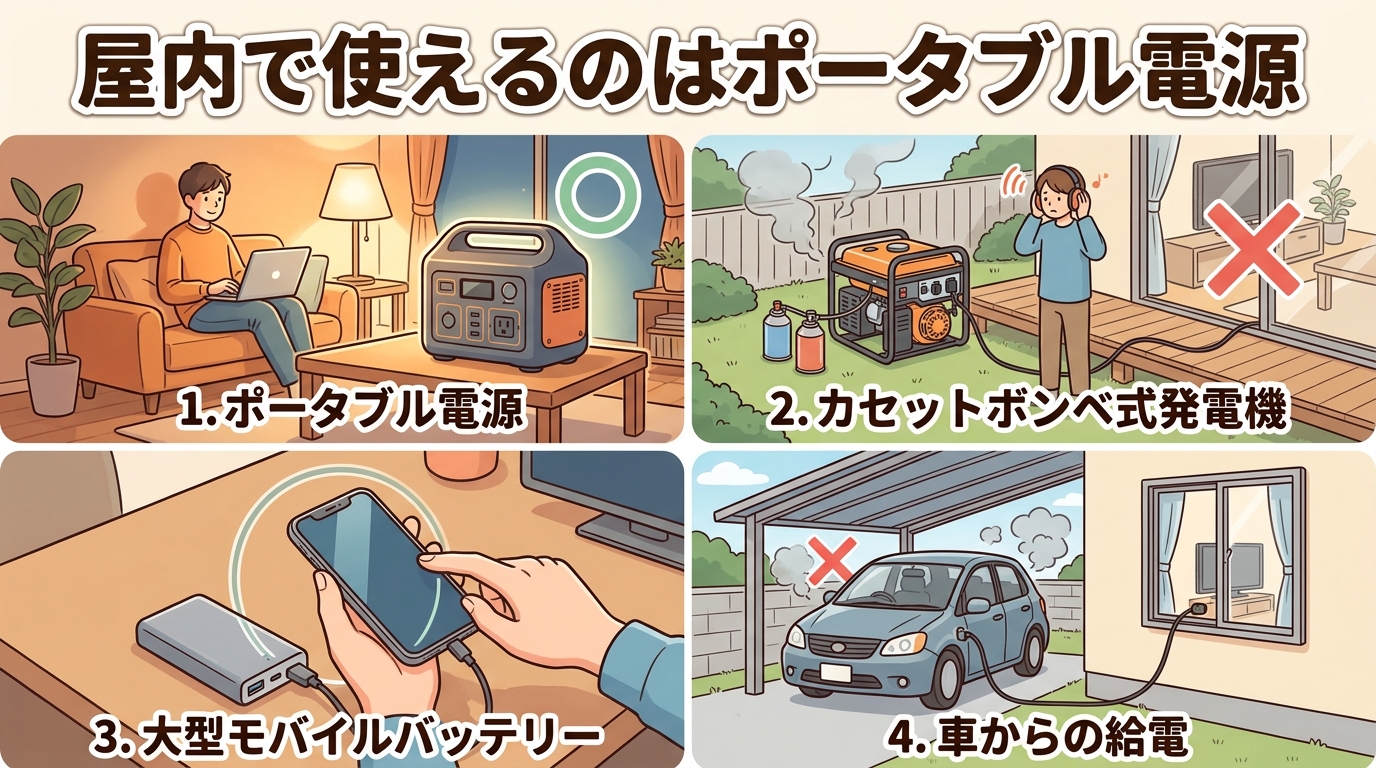 停電時の4つの電力の備え（ポータブル電源＝屋内で無音／カセットボンベ発電機＝屋外・排気あり／大型モバイルバッテリー＝スマホのみ／車からの給電＝大容量だが屋外）を、それぞれの得意・不得意とともに並べた比較イラスト