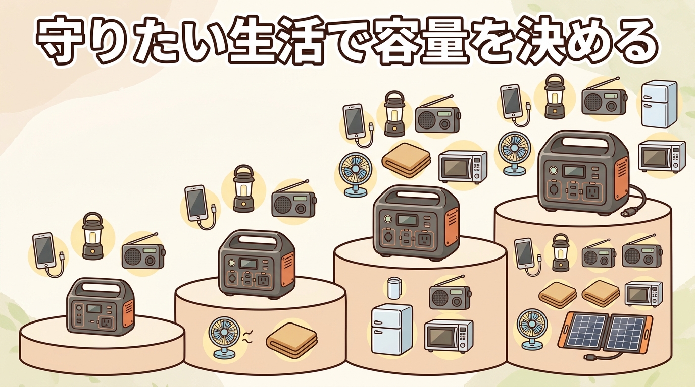 防災用ポータブル電源の容量の最低ラインを4段階（情報確保のみ300〜700Wh／冷暖房も700〜1500Wh／食と冷蔵も1500〜2000Wh／長期はソーラー併用で2000Wh以上）で階段状に示し、各段で使える家電を添えた図解