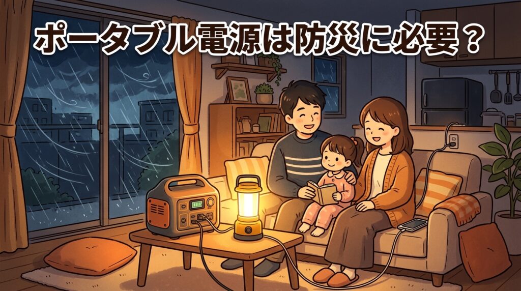 停電した夜の家のリビングで、家族がポータブル電源につないだLEDランタンの明かりのそばで過ごしているイラスト