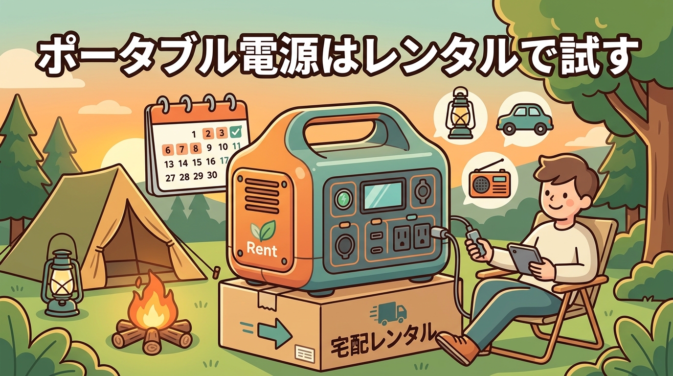 ポータブル電源のレンタルを表すイラスト。キャンプ場で架空のポータブル電源と宅配レンタルの箱、カレンダー、テントやランタンが描かれている