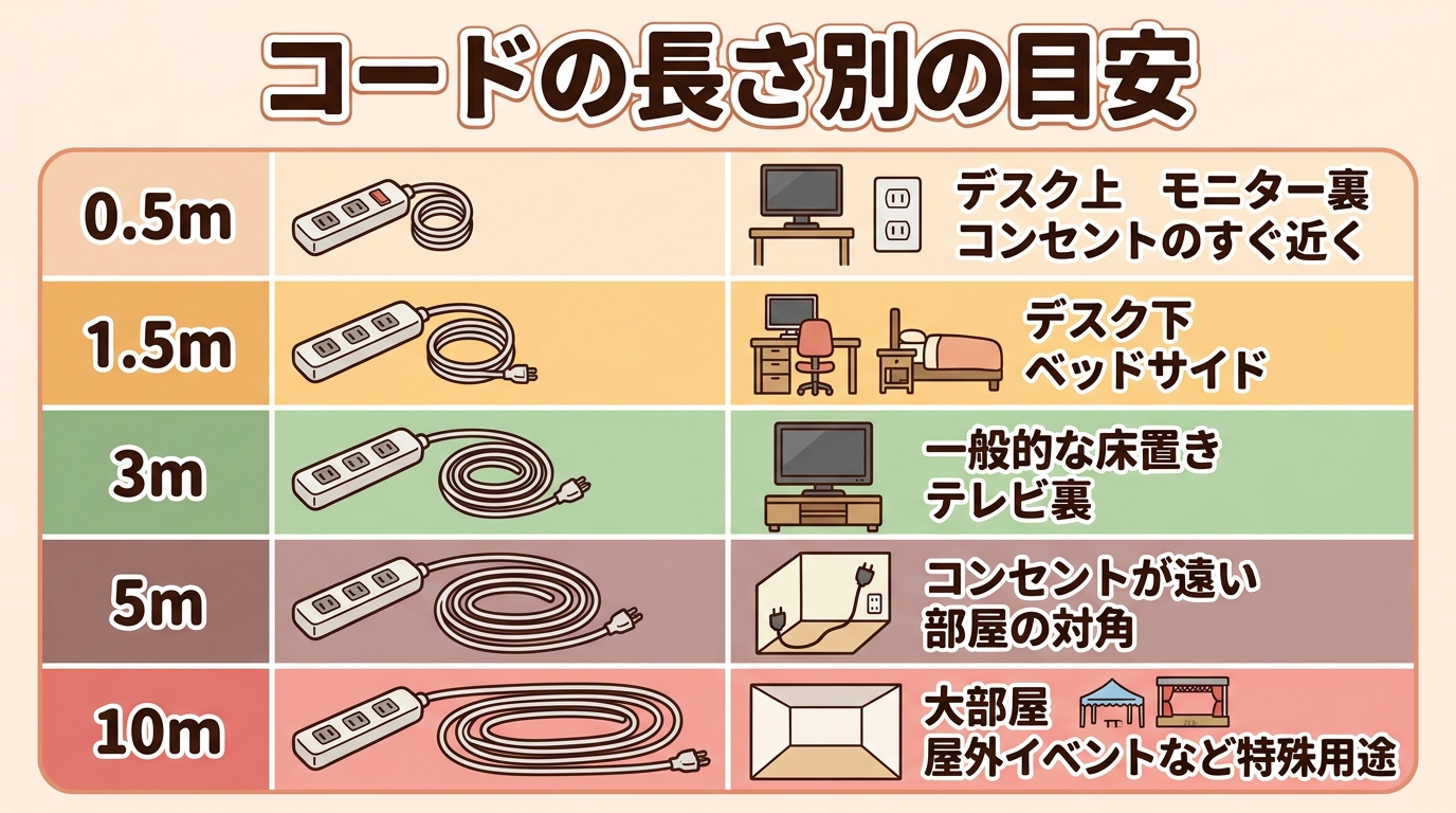 電源タップのコードの長さ0.5m以下・1〜2m・2〜3m・3〜5m・10mそれぞれの向いている使い方をまとめた早見表の画像