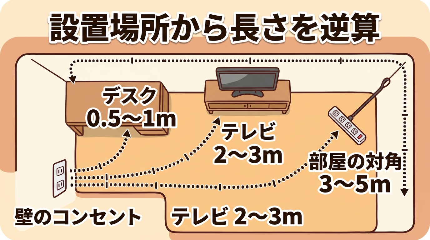 壁のコンセントからデスク上・床置き・部屋の対角それぞれの設置場所までコードが通る経路を測って長さを逆算する図の画像