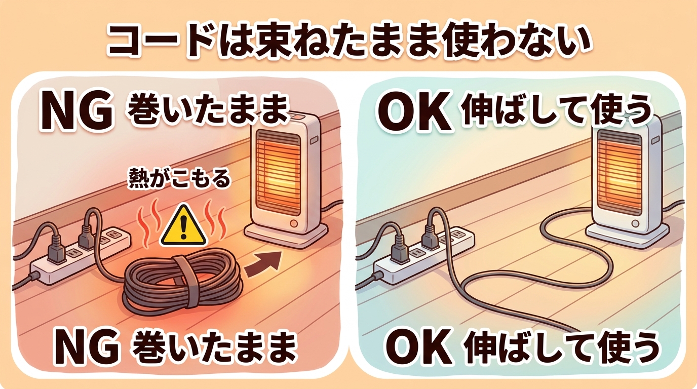 余った電源タップのコードをぐるぐる巻きにしたまま大電力の家電を使うと熱がこもって危険という注意を示した図の画像