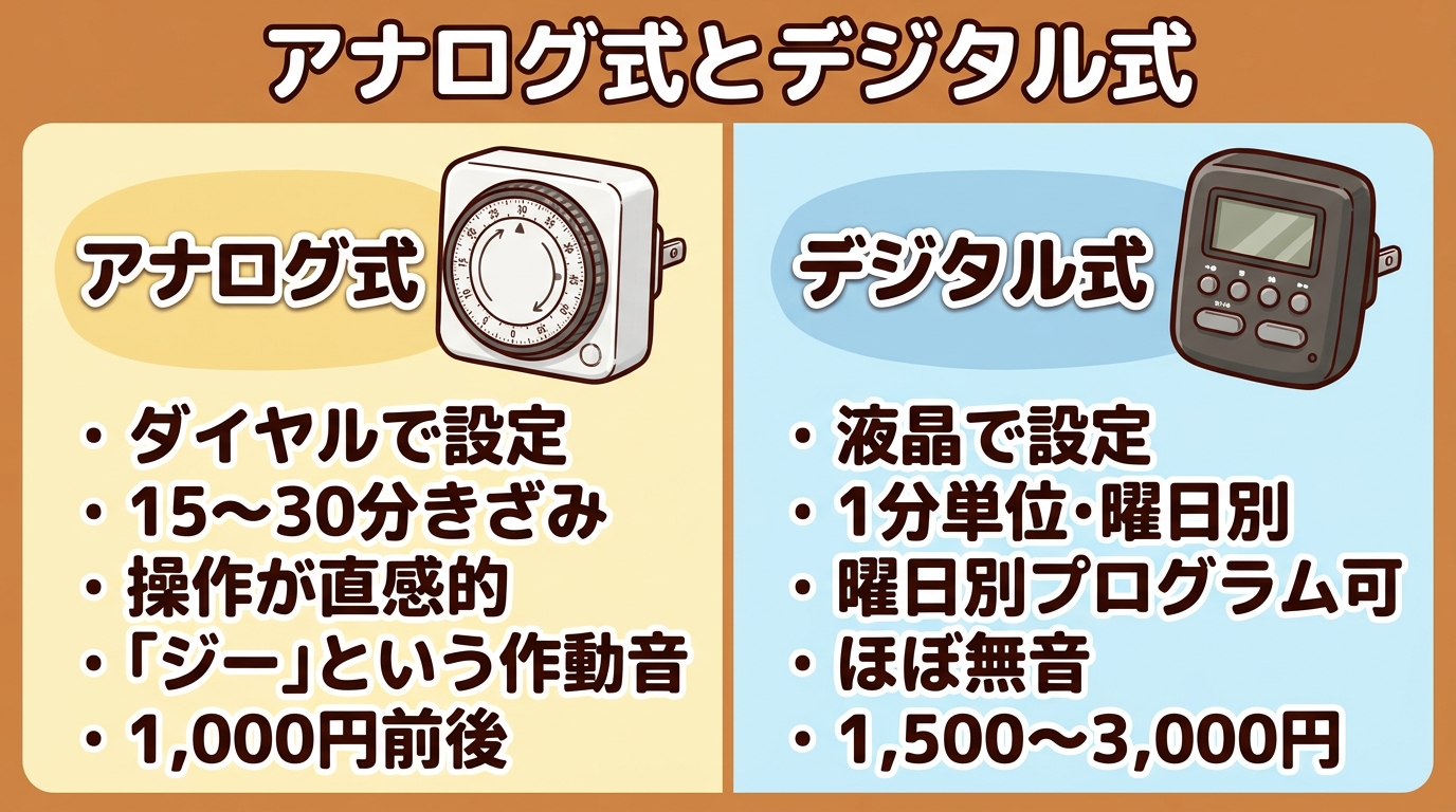 ダイヤル式のアナログコンセントタイマーと液晶付きのデジタルコンセントタイマーを並べて違いを比較した図の画像
