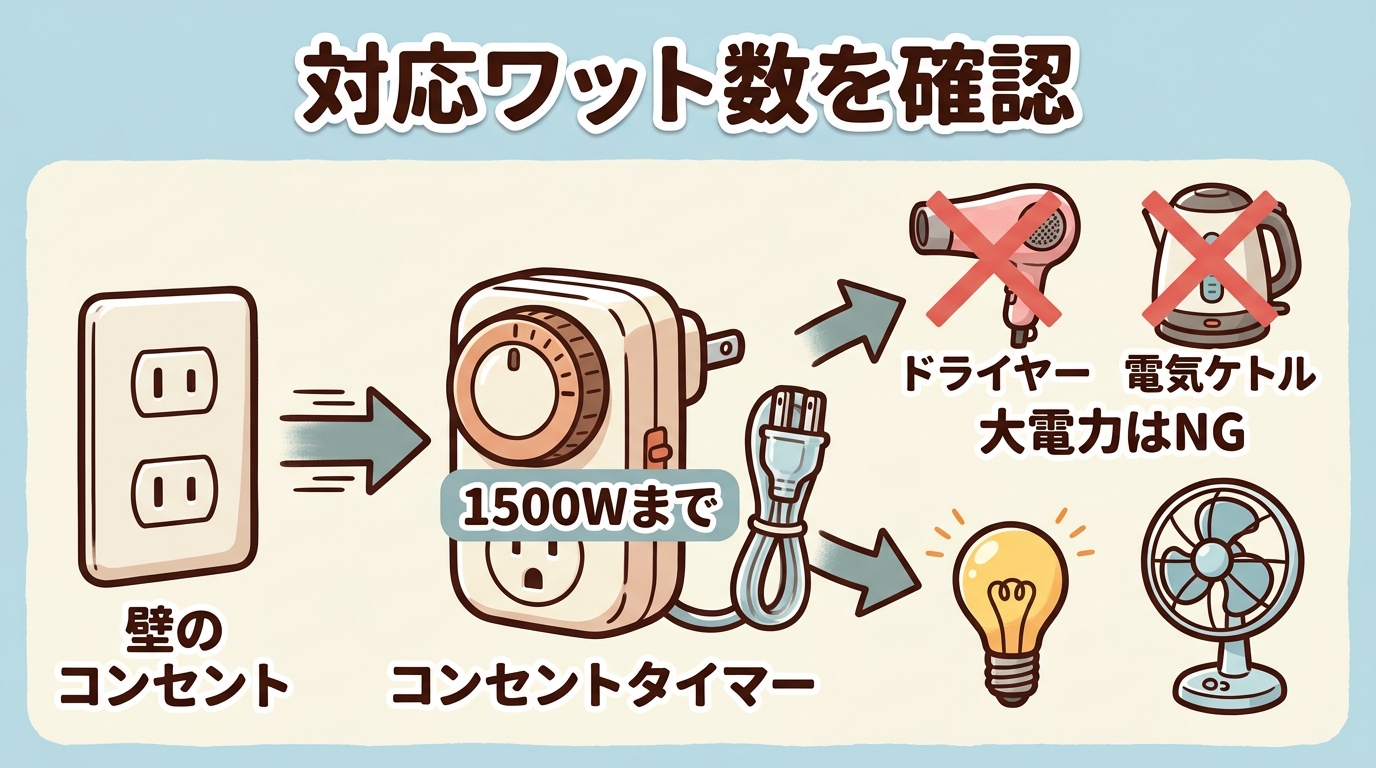 壁のコンセントとコンセントタイマーと家電をつなぎ、合計1500Wと定格の確認ポイントを示した選び方の図の画像