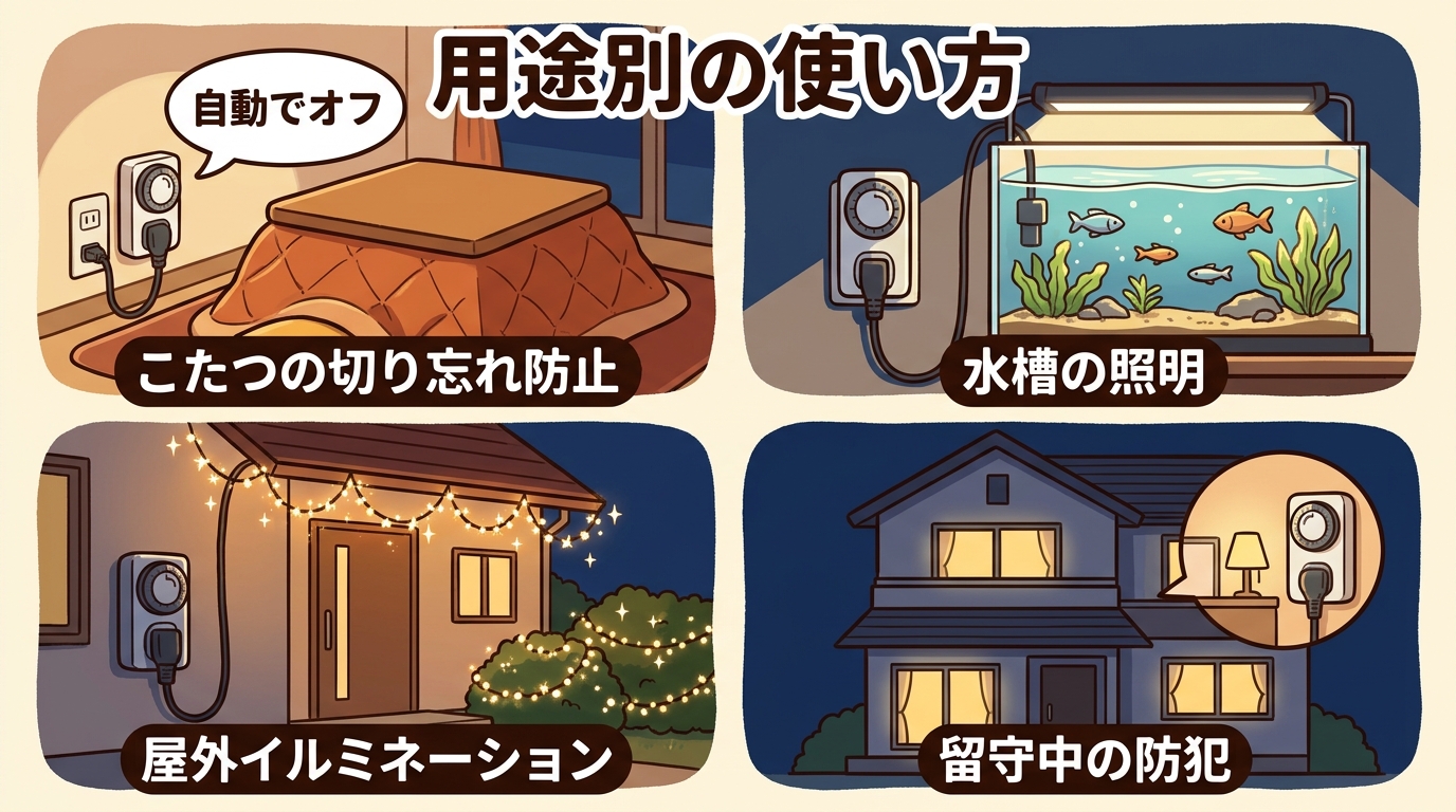 コンセントタイマーをこたつの切り忘れ防止・水槽の照明・屋外イルミネーション・留守中の防犯照明に使う用途別のイメージ画像