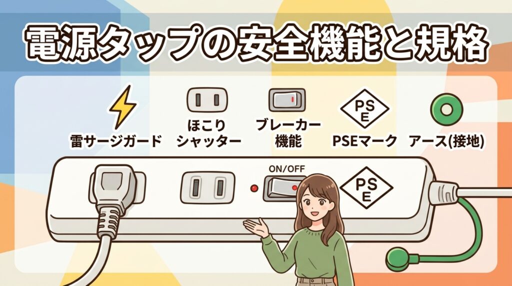 電源タップの安全機能と規格（雷サージガード・ほこりシャッター・ブレーカー・PSEマーク・アース）を図解したイメージ