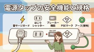 電源タップの安全機能と規格（雷サージガード・ほこりシャッター・ブレーカー・PSEマーク・アース）を図解したイメージ