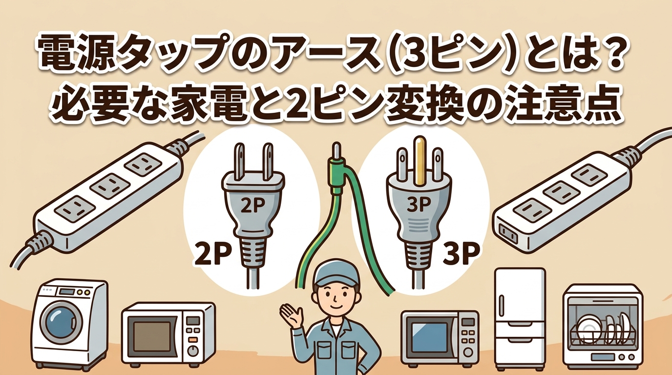 2ピンプラグと3ピンプラグの比較と、アースが必要な水回り家電を図解したイメージ