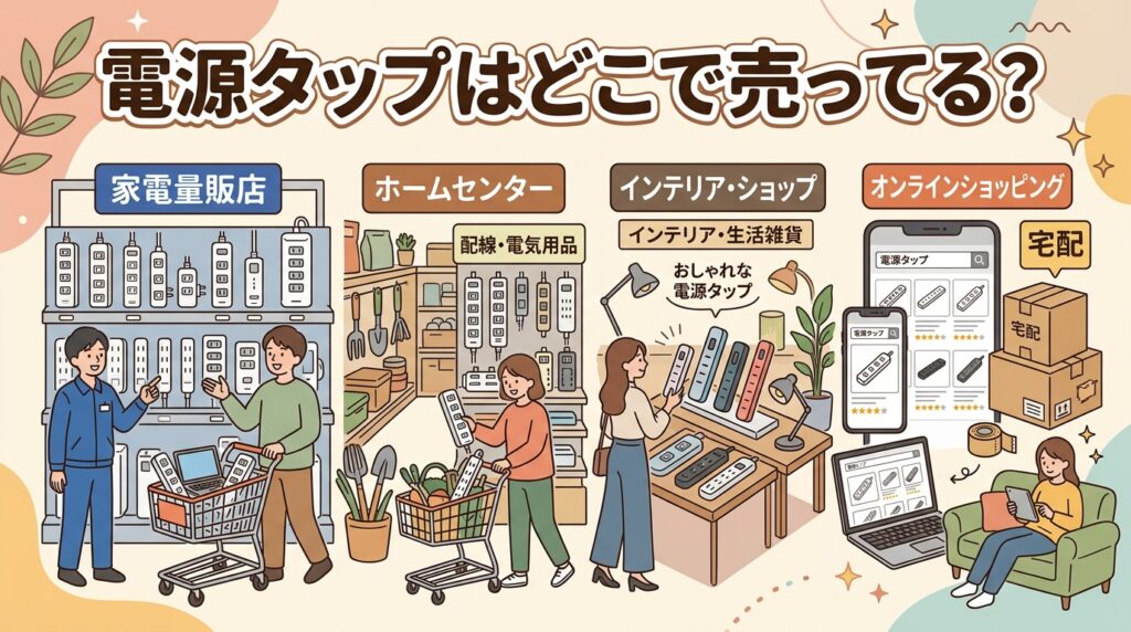 家電量販店・ホームセンター・インテリアショップ・ネット通販で電源タップを購入する場面を図解したイメージ