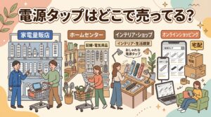 家電量販店・ホームセンター・インテリアショップ・ネット通販で電源タップを購入する場面を図解したイメージ
