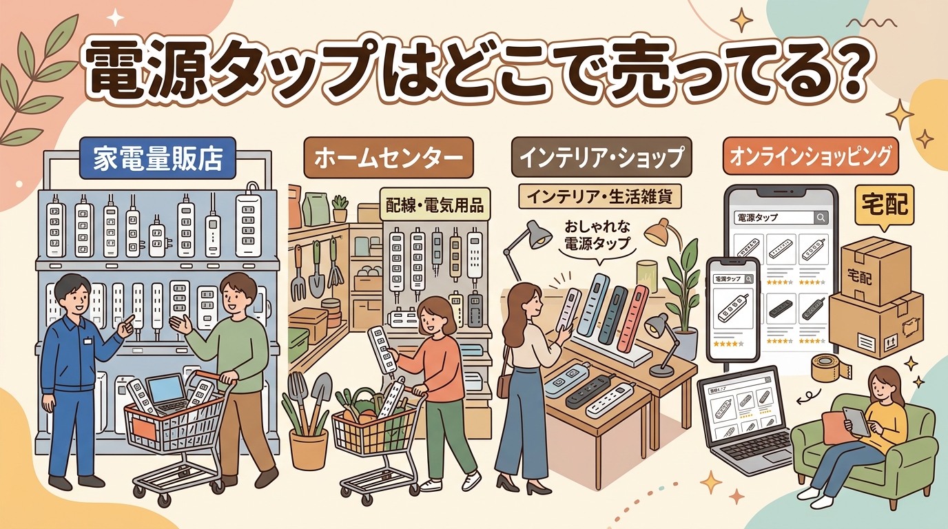 家電量販店・ホームセンター・インテリアショップ・ネット通販で電源タップを購入する場面を図解したイメージ