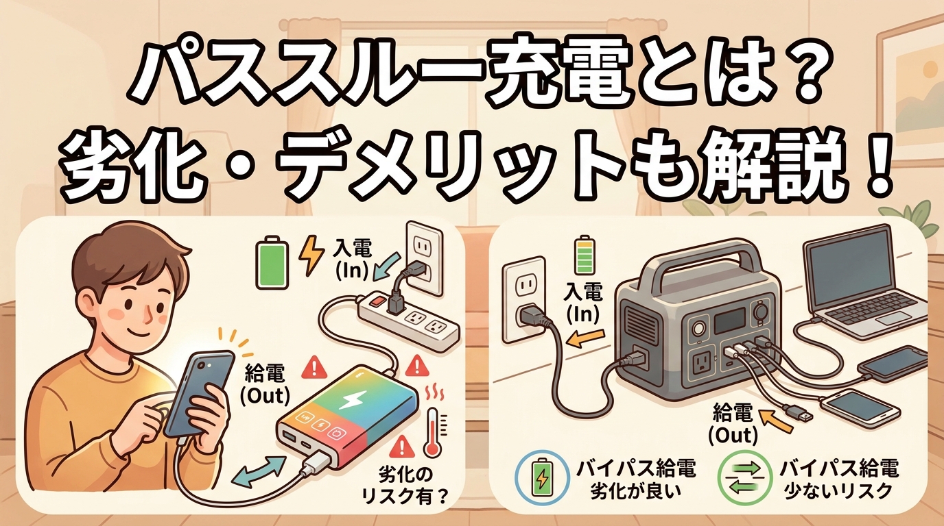 パススルー充電とは？モバイルバッテリーとポータブル電源で充電しながら給電する仕組みと、劣化リスクの違いを図解したイメージ