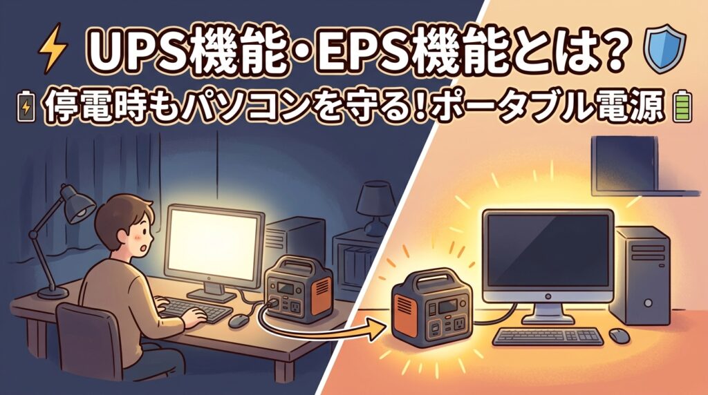 UPS機能・EPS機能とは？停電時にポータブル電源が自動でパソコンへの給電を切り替える様子を表したイメージ