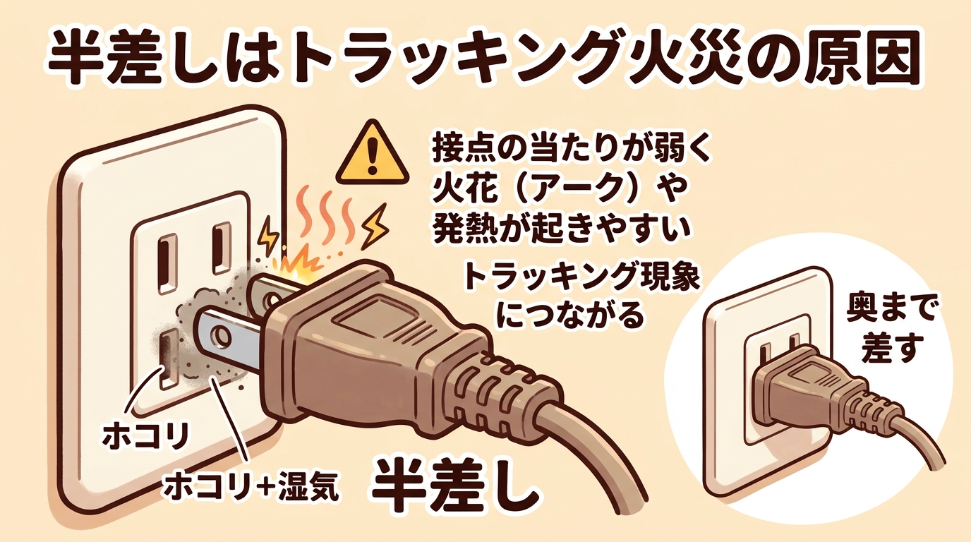プラグが半分だけ差さった状態の隙間にホコリがたまり火花や発熱が起きるトラッキングの危険を示した図の画像