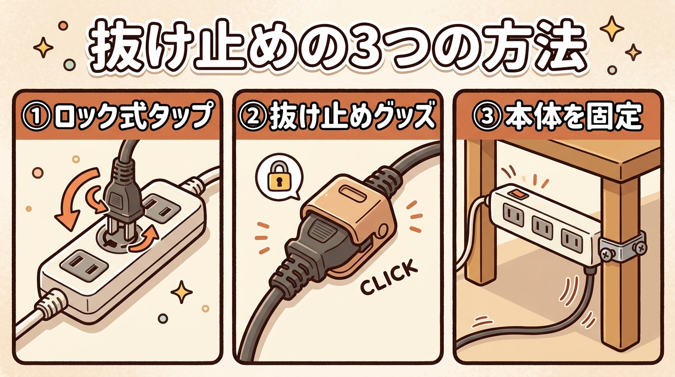 抜け止め対策の3つの方法（ロック式コンセントタップ・後付け抜け止めグッズ・タップ本体の固定）を並べて比較した図の画像