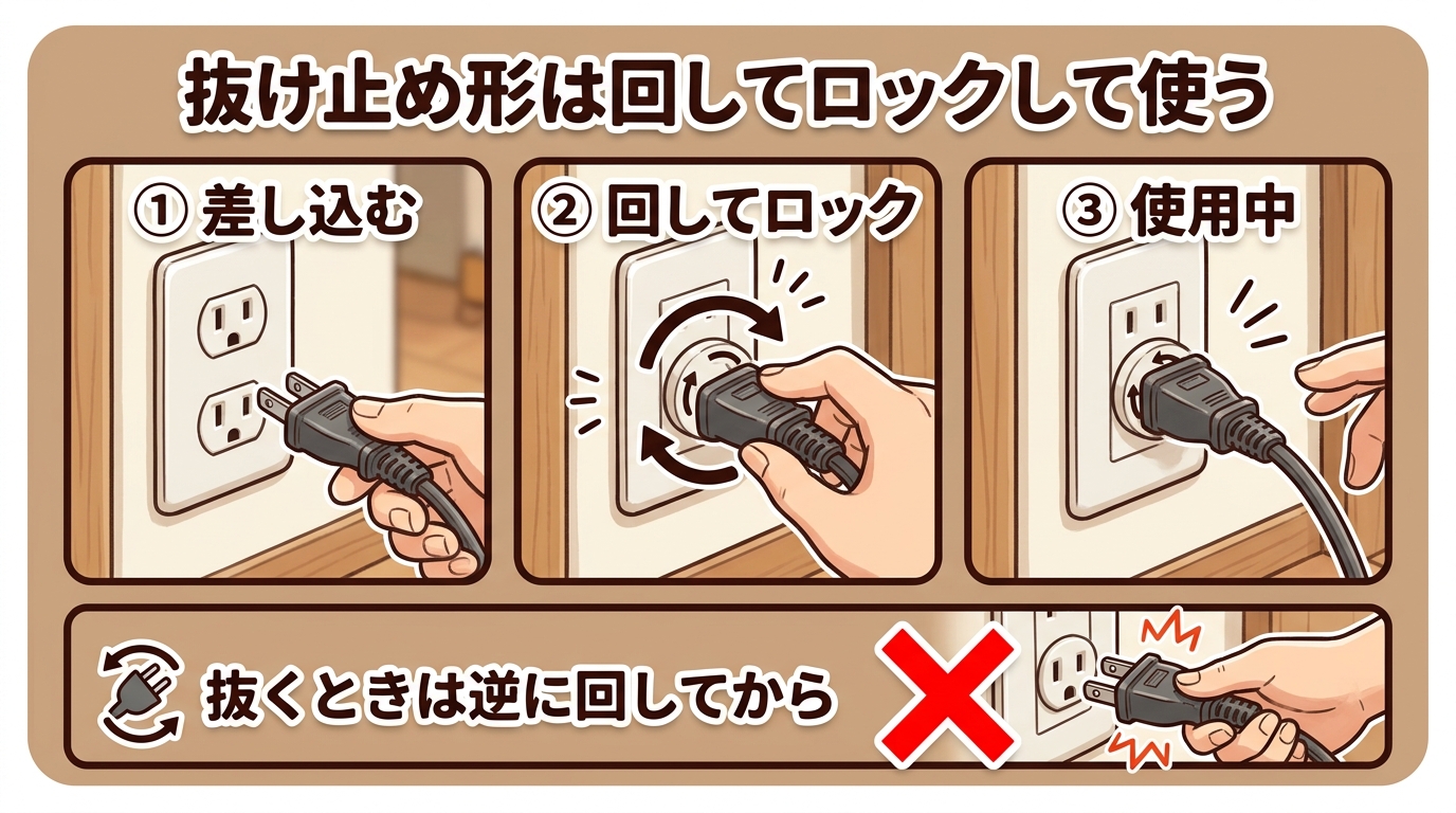 抜け止め形コンセントの正しい使い方（プラグを差し込んで回してロックし、抜くときも回してから引く）を示した図の画像