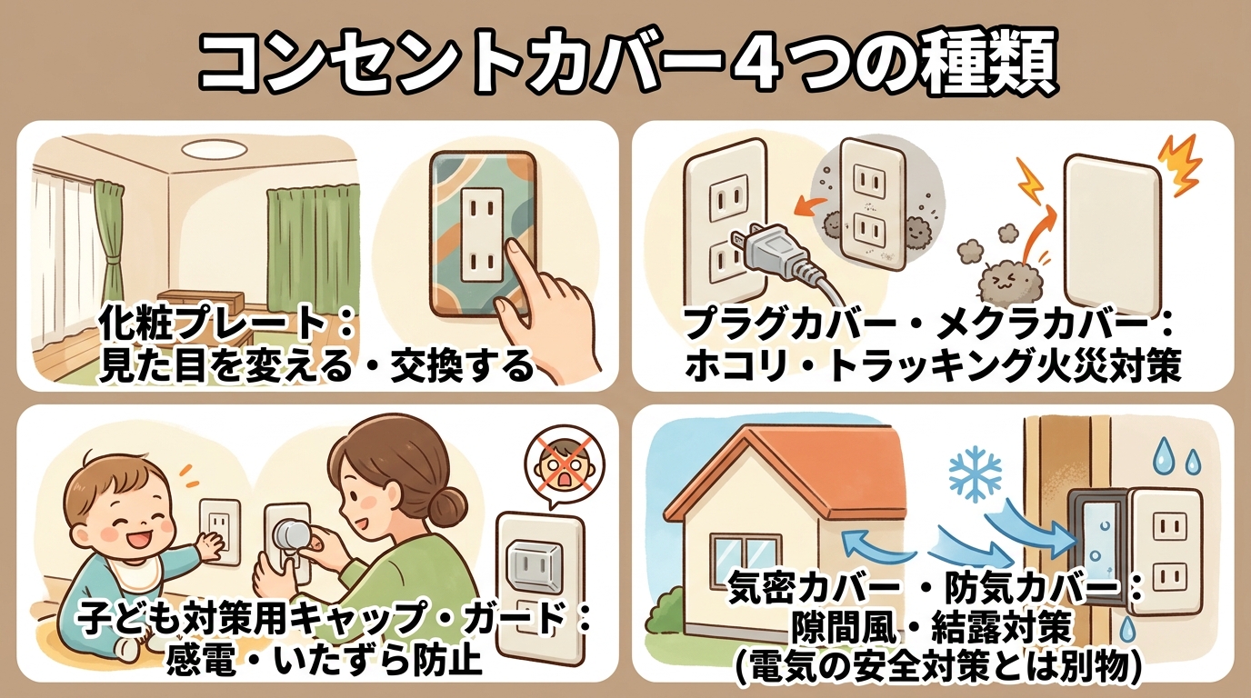 コンセントカバー5種類(化粧プレート・プラグカバー・メクラカバー・子ども対策キャップ・気密カバー)を並べて目的の違いを示したイラスト