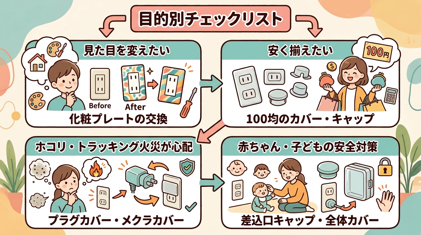 やりたいことから該当するコンセントカバーの種類へ振り分けるフローチャート