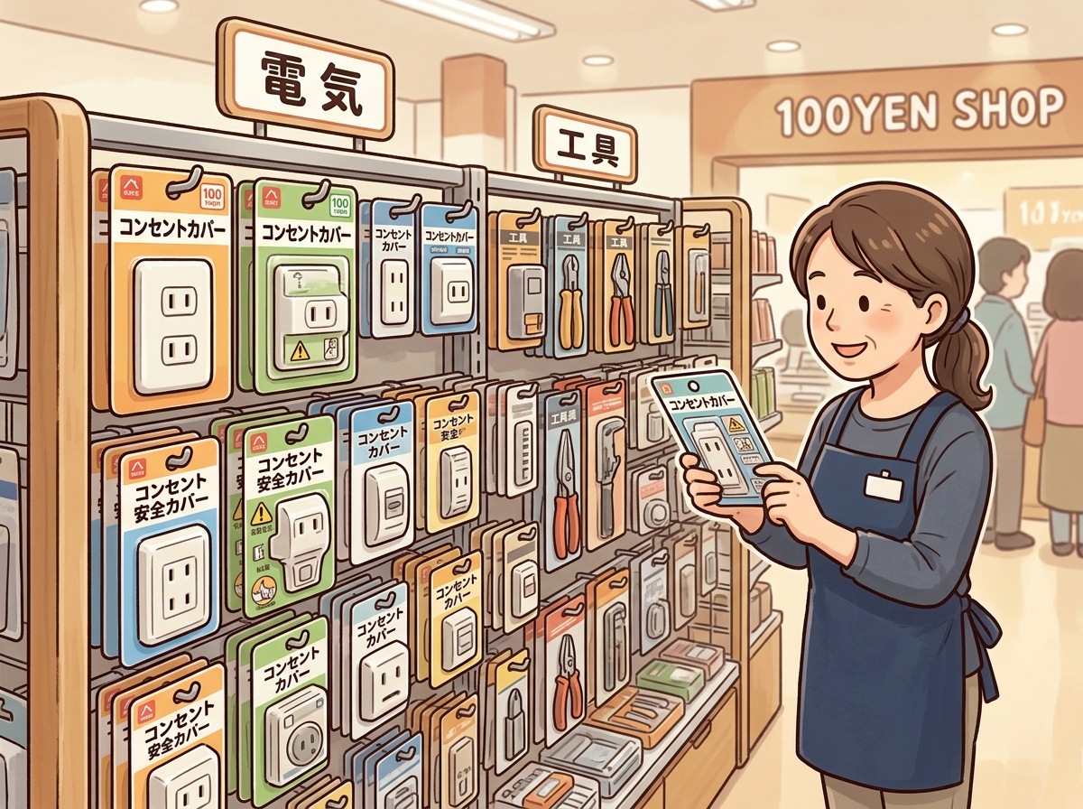 100均の電気・工具コーナーの棚に並ぶコンセントカバーの売り場