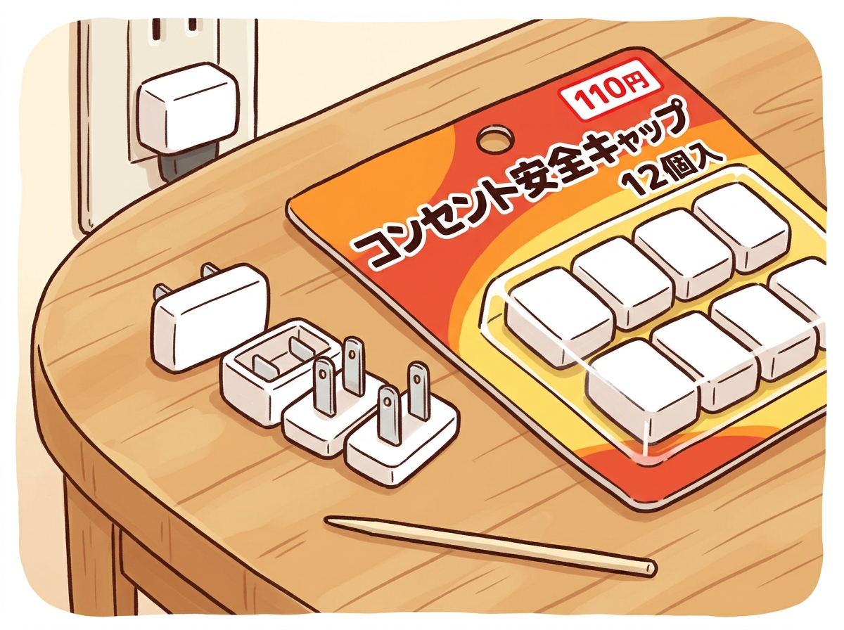 差込口に挿すコンセント安全キャップ12個入りのパッケージと壁のコンセントに挿した様子