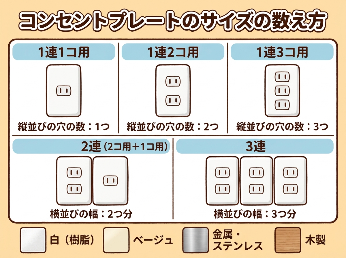コンセントプレートの連数・個数の数え方と色・素材の早見表