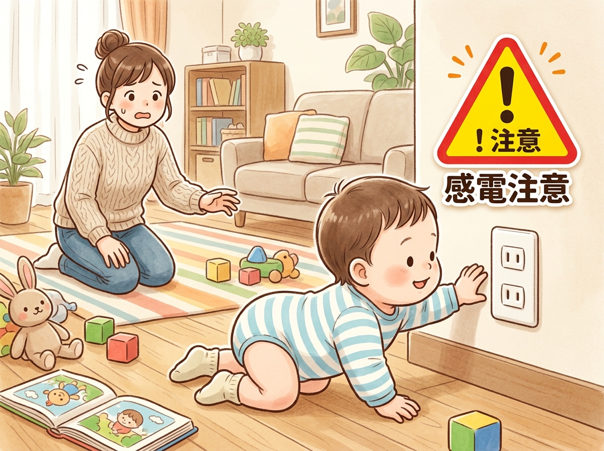 ハイハイの赤ちゃんが壁のコンセントに手を伸ばしている様子と感電注意