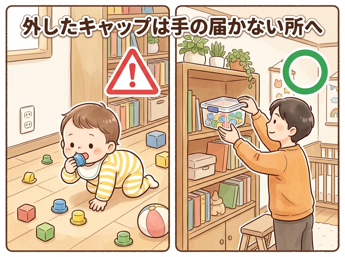 外したコンセントキャップは手の届かない所へ:床に放置すると誤飲、ふた付きケースにまとめて高い場所へ