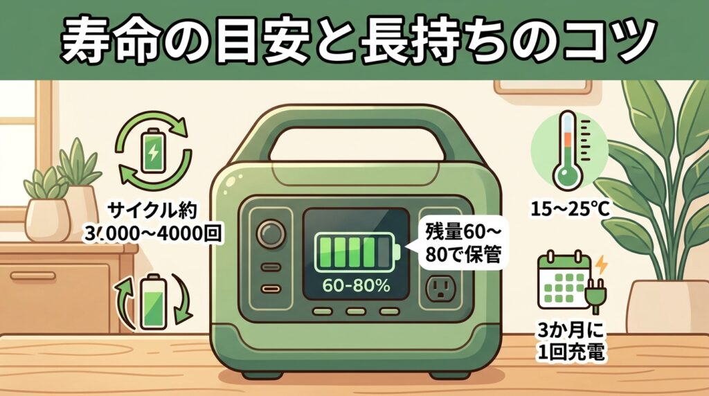 ポータブル電源の寿命の目安（サイクル約3000〜4000回）と長持ちさせる保管のコツを表すアイキャッチ