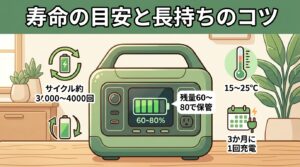 ポータブル電源の寿命の目安（サイクル約3000〜4000回）と長持ちさせる保管のコツを表すアイキャッチ
