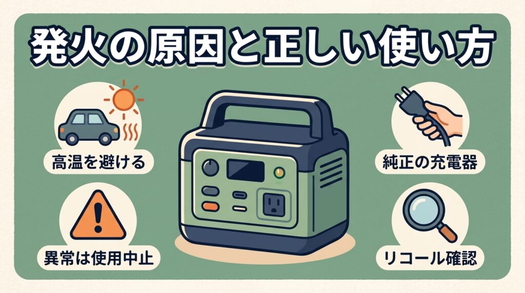 ポータブル電源の発火の原因（高温放置・非純正充電器）とリスクを下げる使い方を表すアイキャッチ