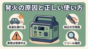 ポータブル電源の発火の原因（高温放置・非純正充電器）とリスクを下げる使い方を表すアイキャッチ