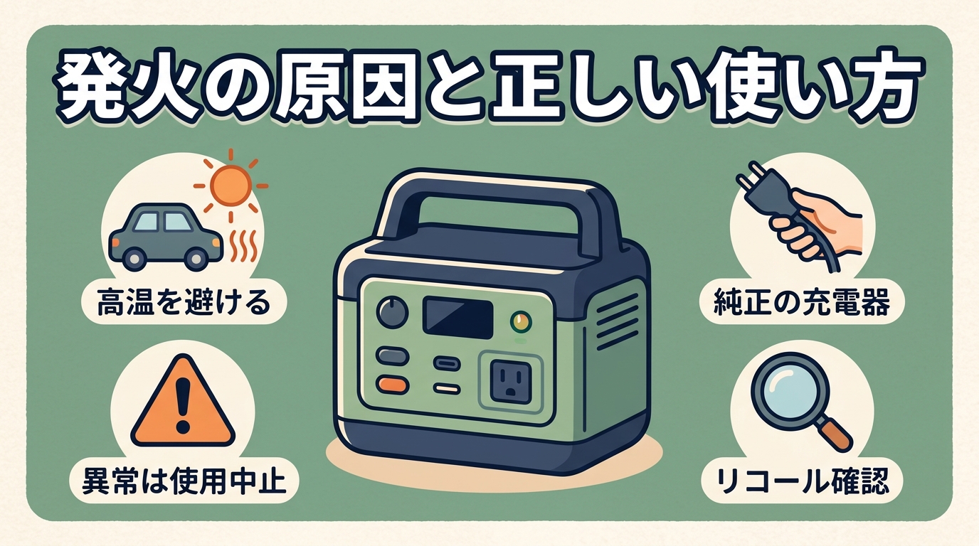 ポータブル電源の発火の原因（高温放置・非純正充電器）とリスクを下げる使い方を表すアイキャッチ