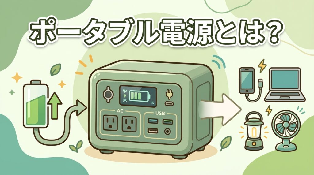ポータブル電源とは？電気をためてAC100Vに変換し家電を使える仕組みを表すアイキャッチ
