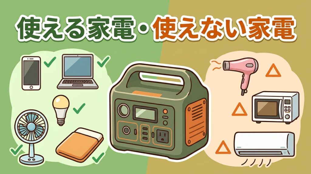 ポータブル電源で使える家電（スマホ・照明・扇風機）と苦手な家電（ドライヤー・電子レンジ・エアコン）を対比したアイキャッチ