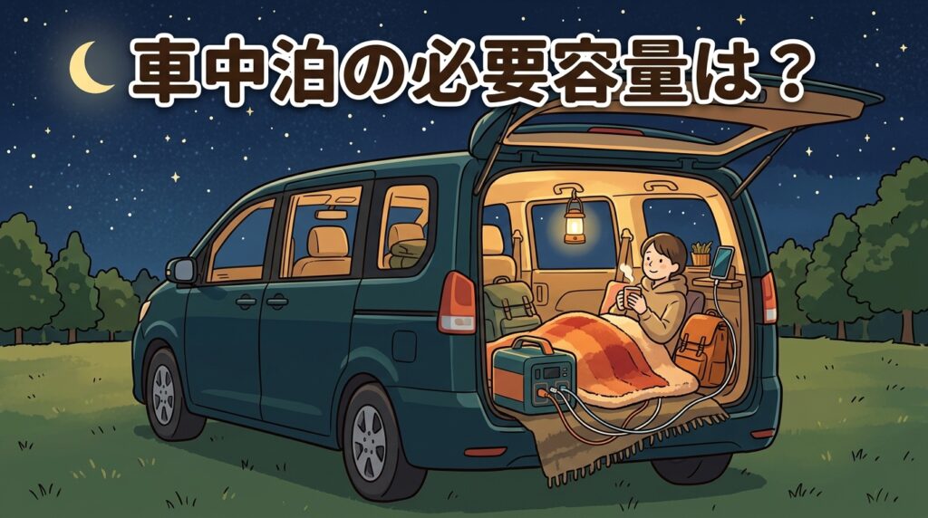 車中泊で車内の電気毛布とランタンにポータブル電源から給電しているイラスト