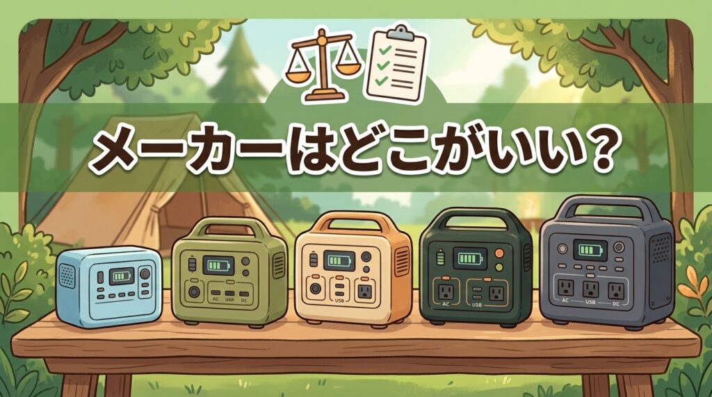 色違いのポータブル電源を並べてメーカーを比較するイラスト