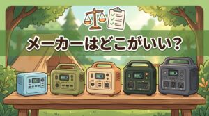 色違いのポータブル電源を並べてメーカーを比較するイラスト