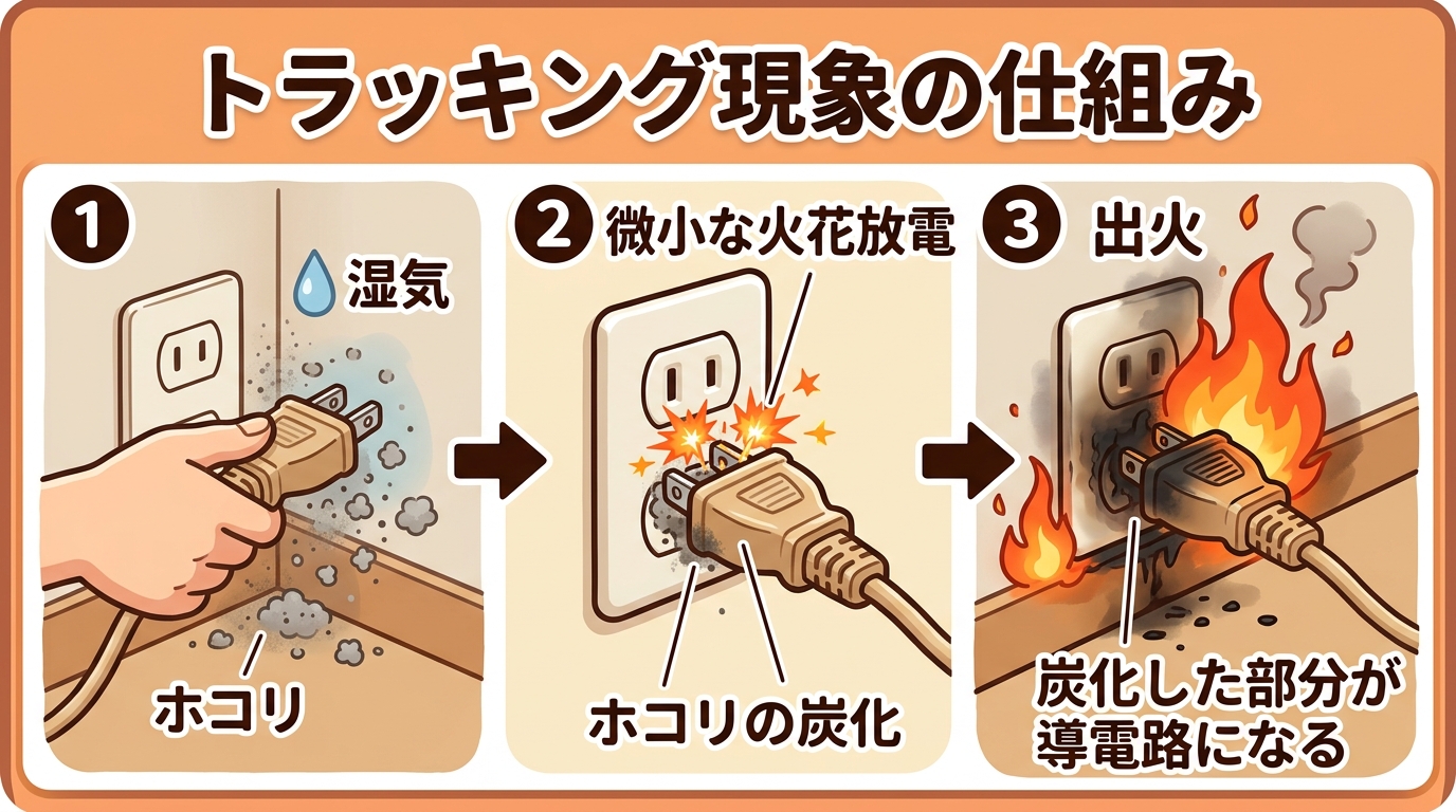 トラッキング現象の仕組み:プラグの刃の間にホコリと湿気が付着し、火花放電を繰り返して炭化・出火する過程の図解