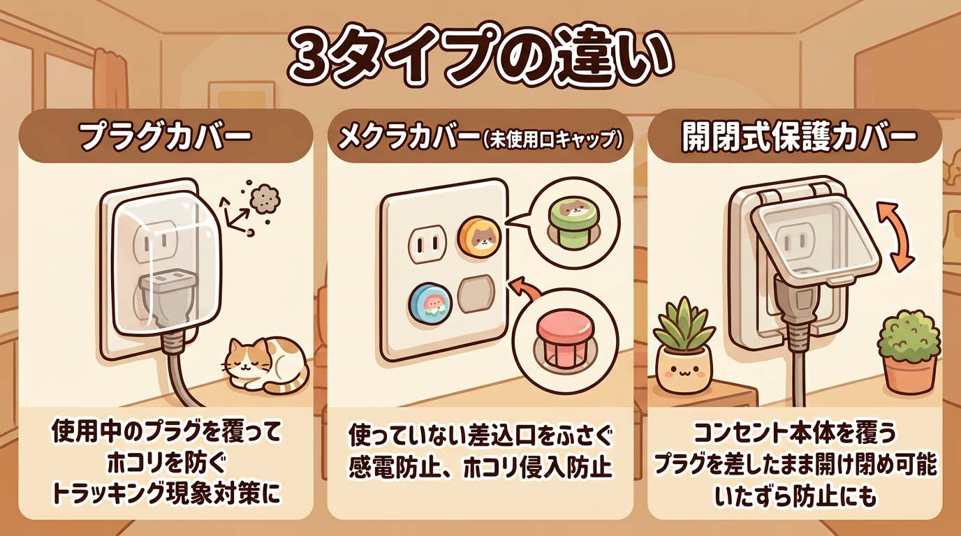 プラグカバー・メクラカバー・開閉式保護カバーの3タイプを並べて比較したイラスト