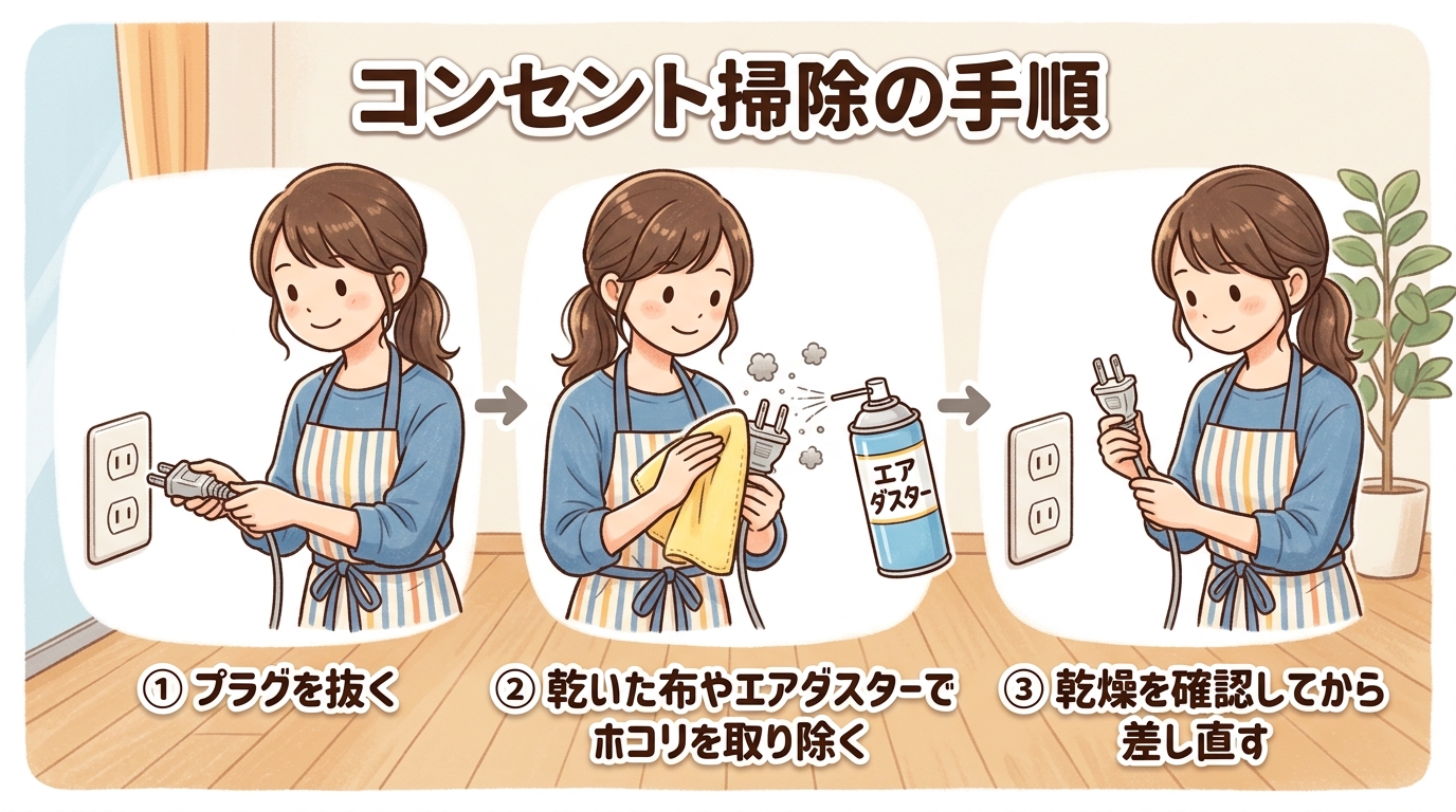 コンセント掃除の手順:プラグを抜く→乾いた布やエアダスターでホコリを除去→乾燥を確認してから差し直す