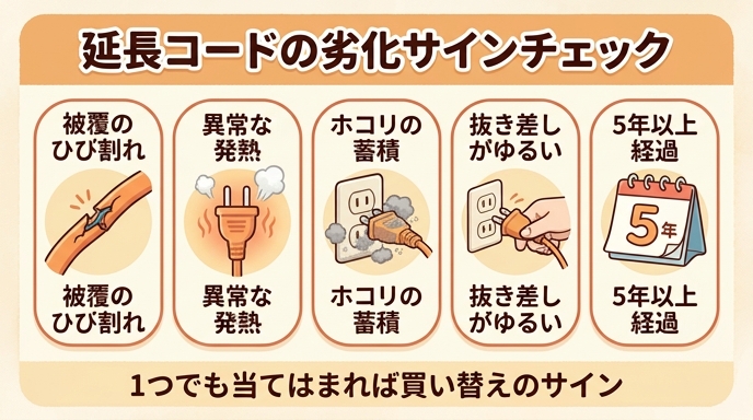 延長コードの劣化サイン（被覆のひび割れ・熱くなる・ホコリの付着）チェックリスト