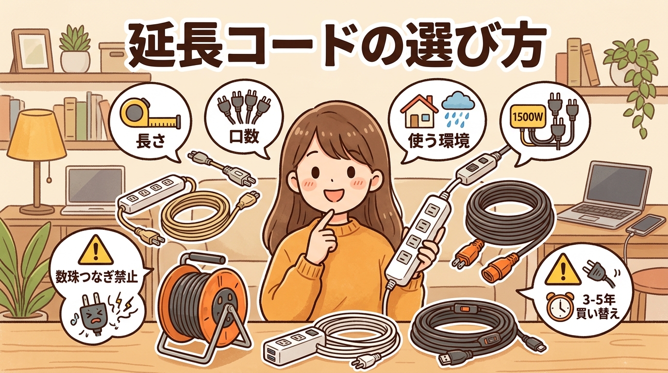 延長コードの選び方を紹介するアイキャッチ画像。長さ・口数・使う環境・対応ワット数・寿命のポイントを示すイラスト