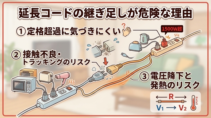 延長コードを継ぎ足すことが危険な3つの理由（定格超過・接触不良とトラッキング現象・電圧降下）を示す図解