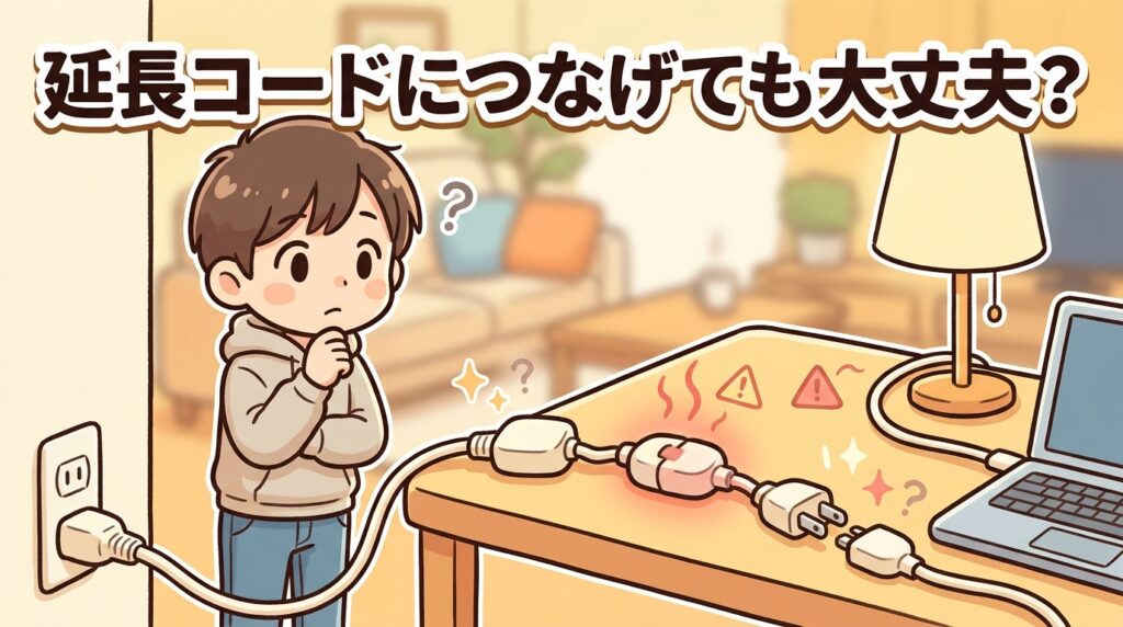 延長コードの継ぎ足しは大丈夫か不安そうに見る人のイラスト。接続部分が発熱している様子
