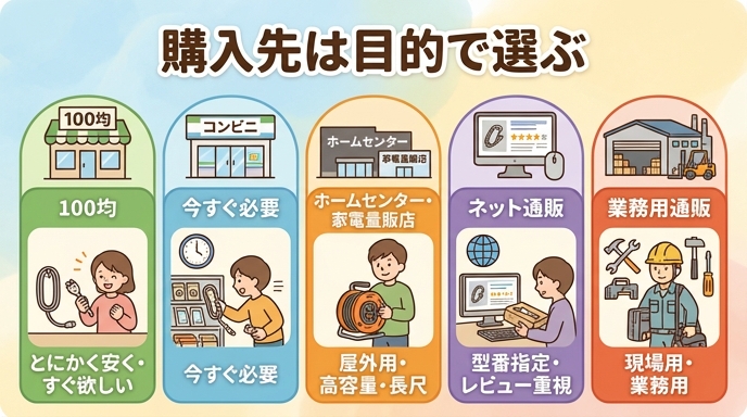 延長コードの購入先(100均・コンビニ・ホームセンター・家電量販店・ネット通販)を目的別に比較する早見図