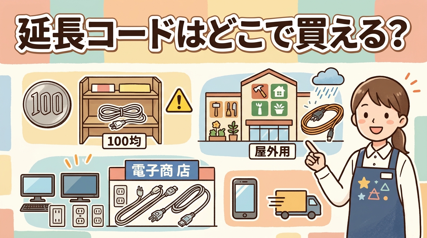 延長コードの購入先(100均・屋外用のホームセンター・ネット通販等)を案内するイラスト