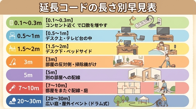 延長コードの長さ0.1m〜30mそれぞれの向いている使い方を示した早見表の画像