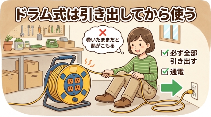 延長コードリール（ドラム式）を使うときはコードを最後まで引き出してから通電する、という正しい使い方を示す図